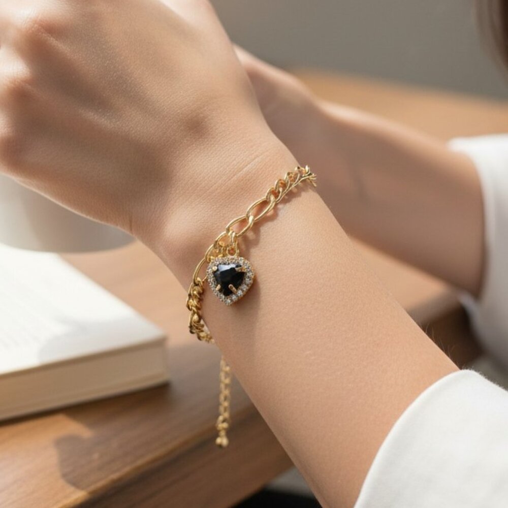 3/$35 Gold Chain Black Heart Pendant Bracelet Rhinestone Statement Jewelry